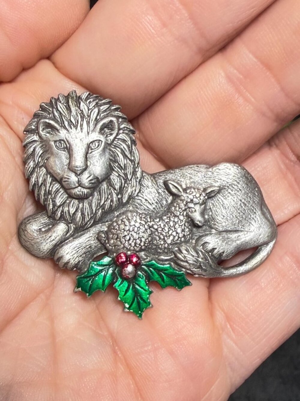 Lion Lamb JJ Vintage Brooch Christmas Holly Enamel Animal Pin